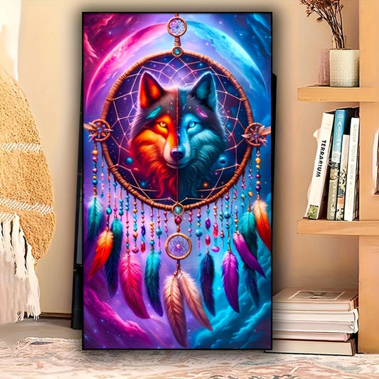 KUFWKEY Dreamcatcher Wolf 5D DIY Diamond Painting Kit for Adults,Full Round Drill Diamond Mosiac Embroidery Art,Animal Diamond Art Kits for Home Decor,Large Size 15.7x27.5 inch
