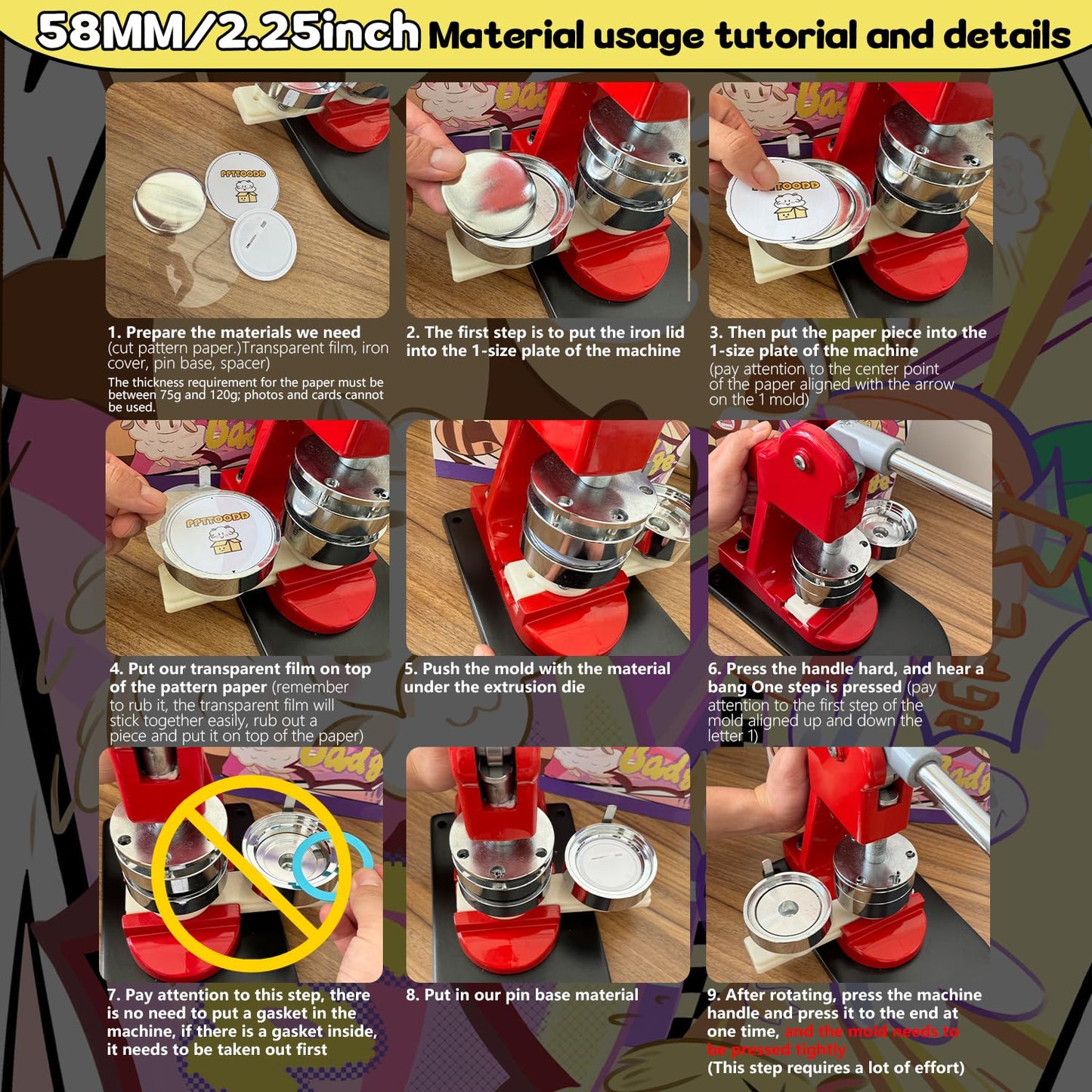PPTTOODD 100 Sets 58mm / 2.25 in (Approx. 2-1/4 inch) Button Making Supplies for Your Round Button Maker Machine, Including Metal Covers, Plastic Back Covers, Clear Plastic Film & Blank Paper