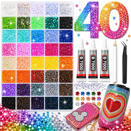 40000Pcs 40 Colors Jelly Resin Kit, Bedazzling Kit, Bedazzler Kit with Rhinestones, 3mm Flatback Gems with B7000 Glue & Tools for Crafts, Nails, Shoes
