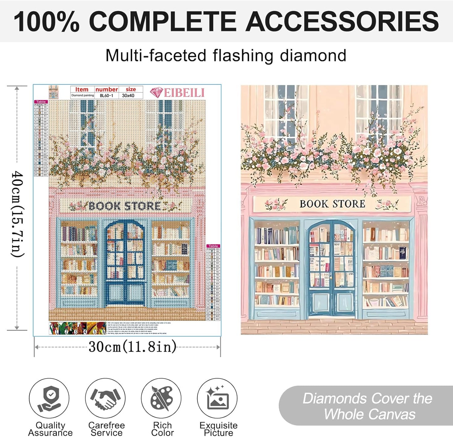EIBEILI 4-Piece Adult Diamond Art Set, Pink Bookstore Diamond Painting Kit, 5D Diamond Art Kit Bookstore DIY Diamond Dot Book Gemstone Artist Home Wall Decor,12x16 inch
