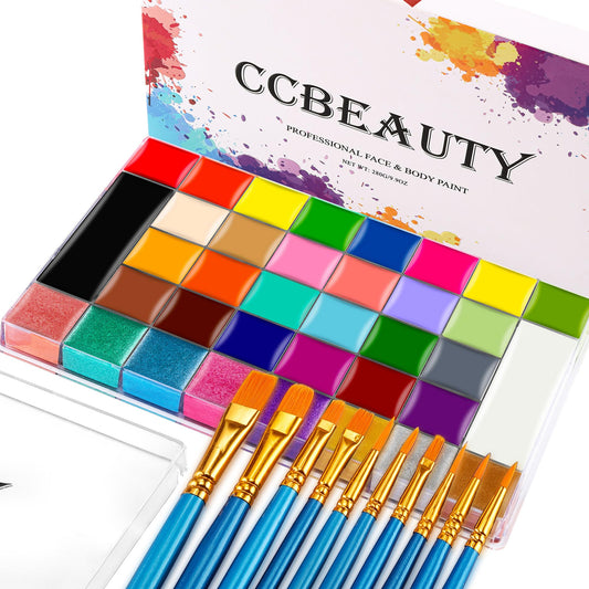 CCbeauty Professional 36 Colors Face Body Paint Kit, Largest Oil Based Hypoallergenic Neon Face Painting Palette Set with 10 Brushes for Halloween SFX Special Effects Cosplay Costume Makeup