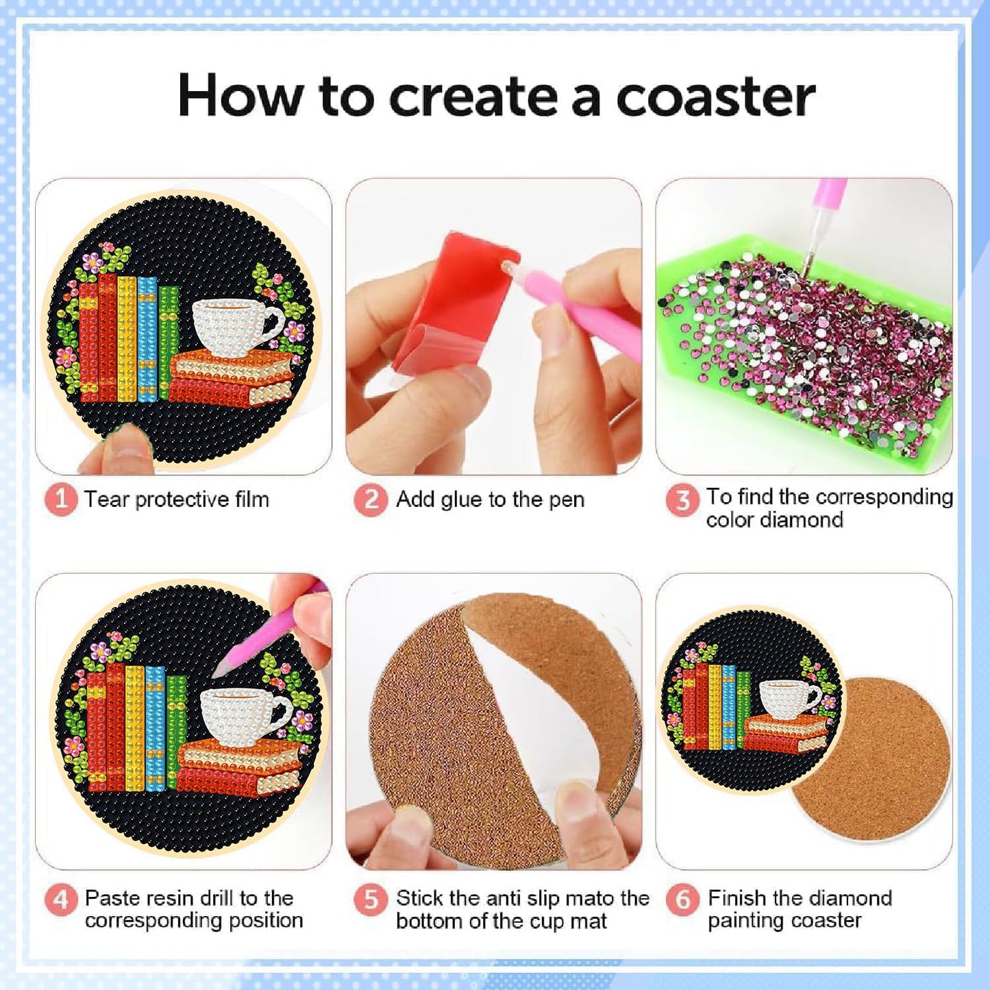 Puraikcmi 6pcs DIY Diamond Painting Kits Coasters with Holder, Diamond Art Coasters by Number for Kids and Adults Full Drill Round Mosaic Stitch Art Craft Supplies (Book Diamond Art Coasters)