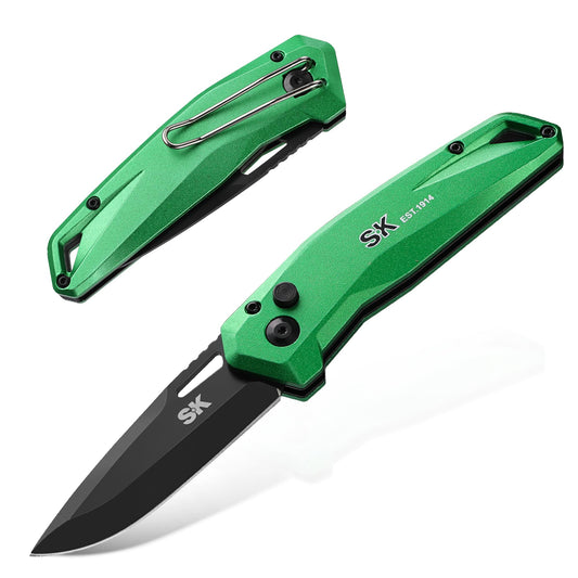 SK Folding Pocket Knife, Premium D2 Steel Blade, Aluminum Handle with Wire Belt Clip