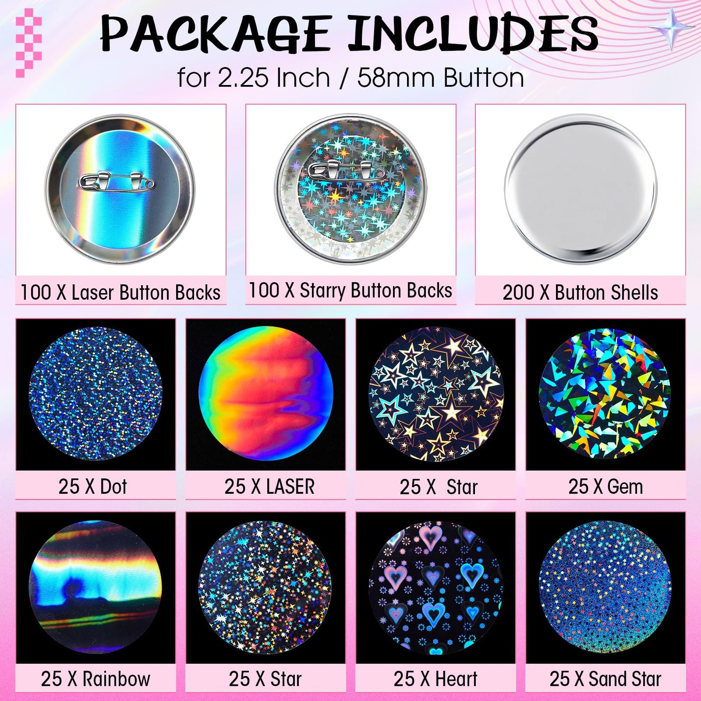 Humyoun 200 Sets 2.25 Inch 58mm Button Maker Supplies for Pin Maker Machine Kit Including 200 Holographic Sparkling Films, 100 Laser Back 100 Starry Back and 200 Shell for Button Press