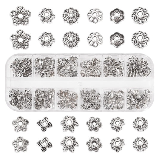 Craftdady 230pcs Antique Silver Bead Caps Tibetan Alloy Flower Bead Caps Metal Multi Petal Spacer Beads Vintage End Caps Beads 6.9 mm-10 mm for DIY Craft Earring Bracelet Jewelry Making