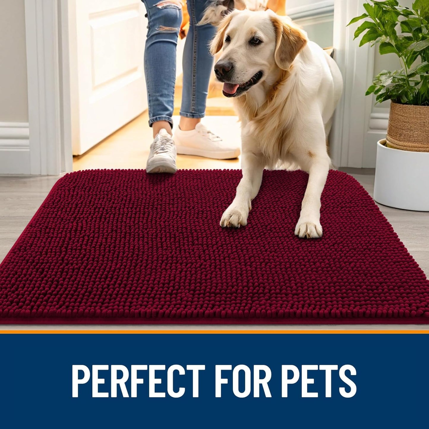 OLANLY Dog Door Mat - Absorbent Non-Slip Washable Chenille Mat for Muddy Paws | 54x32, Burgundy