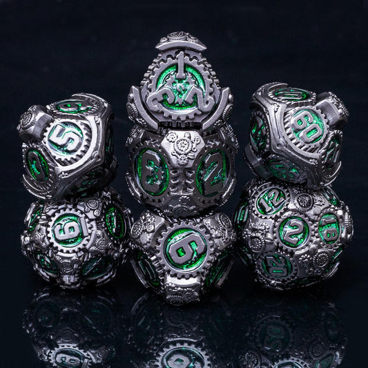 Rolledomain Metal DND Dice Set, Green Steampunk Machinist Gear Heavy Metal Dice Set with Gift Case, Dice Gift for D&D DM and Players, Designed for Dungeons and Dragon, MTG, TTRPG Role Playing Games