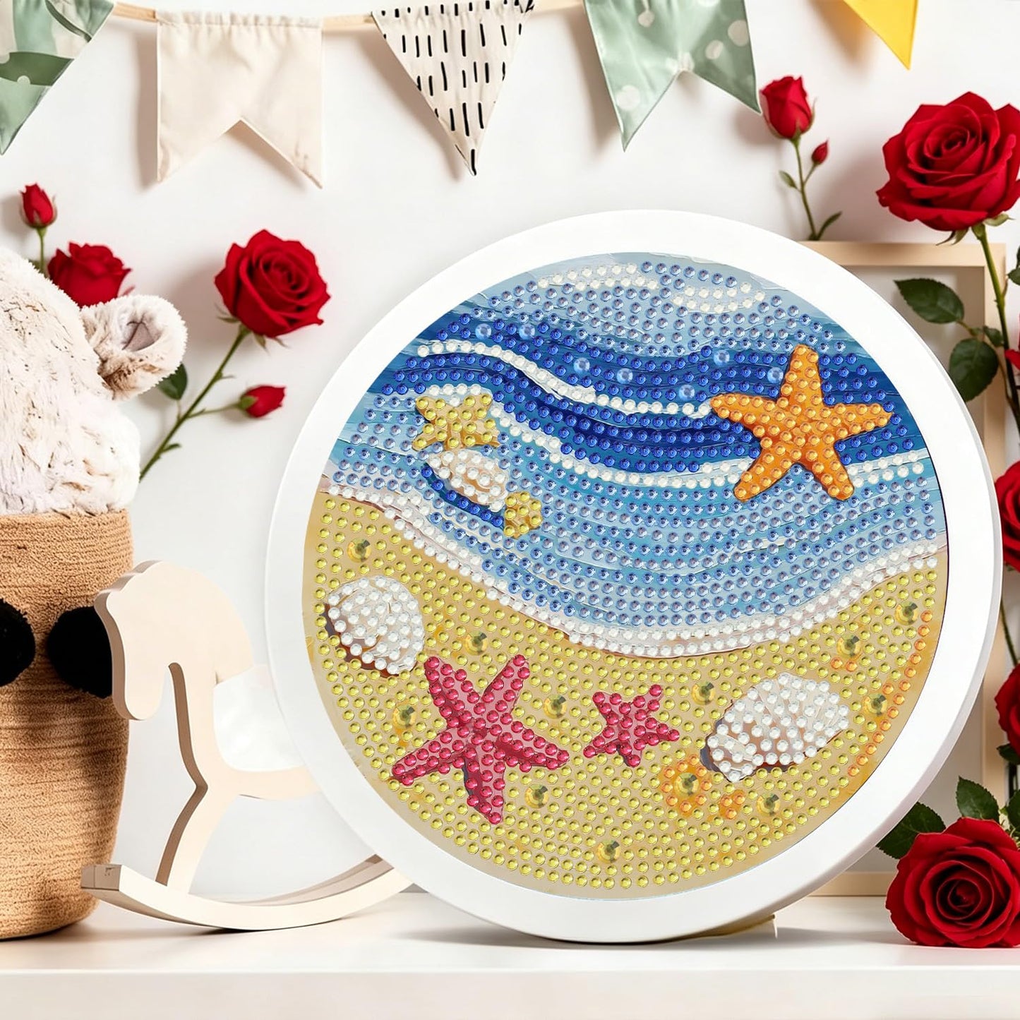 Foxonaut Beach Diamond Art for Kids with Frame, Easy Diamond Art Painting Kits Ages 6-8-12, DIY Gem Art for Kids,Art and Crafts for Girls Boys Gift (7x7inch)