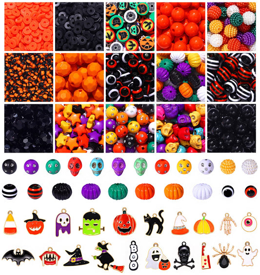 2200PCS+ Halloween Beads Charms for Jewelry Making Polymer Clay Beads Pumpkin Skull Evil Eye Beads Enamel Ghost Spider Charms for DIY Bracelet Necklace Earrings