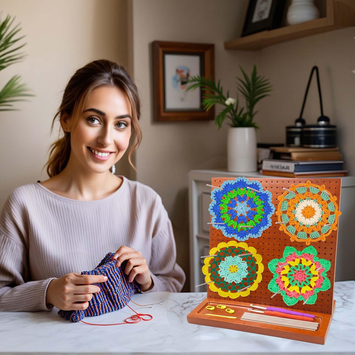 Velavow Granny Square Blocking Board 11" Crochet Blocking Board with 16 Pegs/Pins, Wooden Blocking Board for Crochet Projects, Ideal for Granny Squares, Gifts for Women, Moms, and Mothers