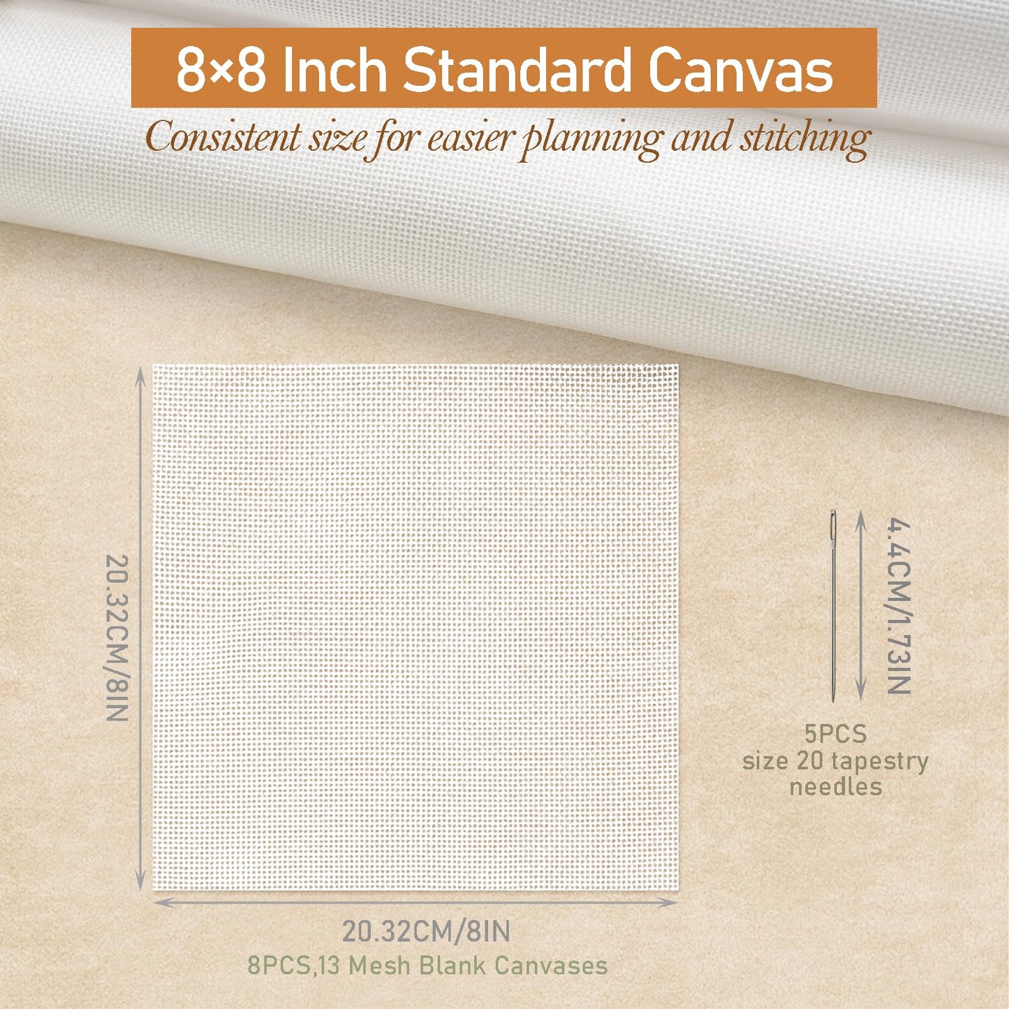 Needlepoint Canvas 13 Mesh, 8 Pack 8 x 8 Inch Pre-Cut Cotton Blank Embroidery Fabric with 5 Needles, Blank Canvas for Needlepoint, Canvaswork & DIY Craft Supplies, No-Fold Packaging