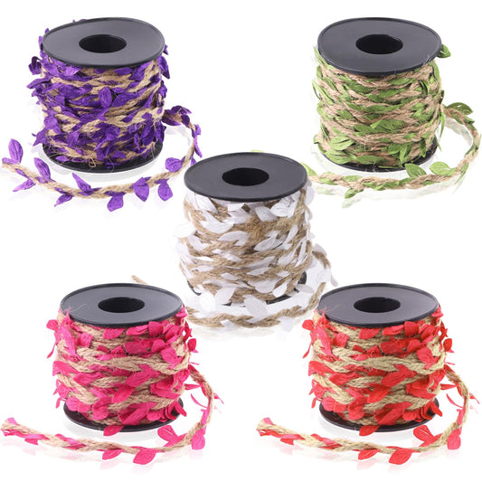 Swpeet 5 Roll 5 Colors Burlap Leaf Ribbon Set, 5mm 33 Feet Natural Jute Twine with Artificial Vine Leaves Ribbon for Wedding Home Garden Jungle Party Decorations(White, Green, Purple, Red, Rose red)