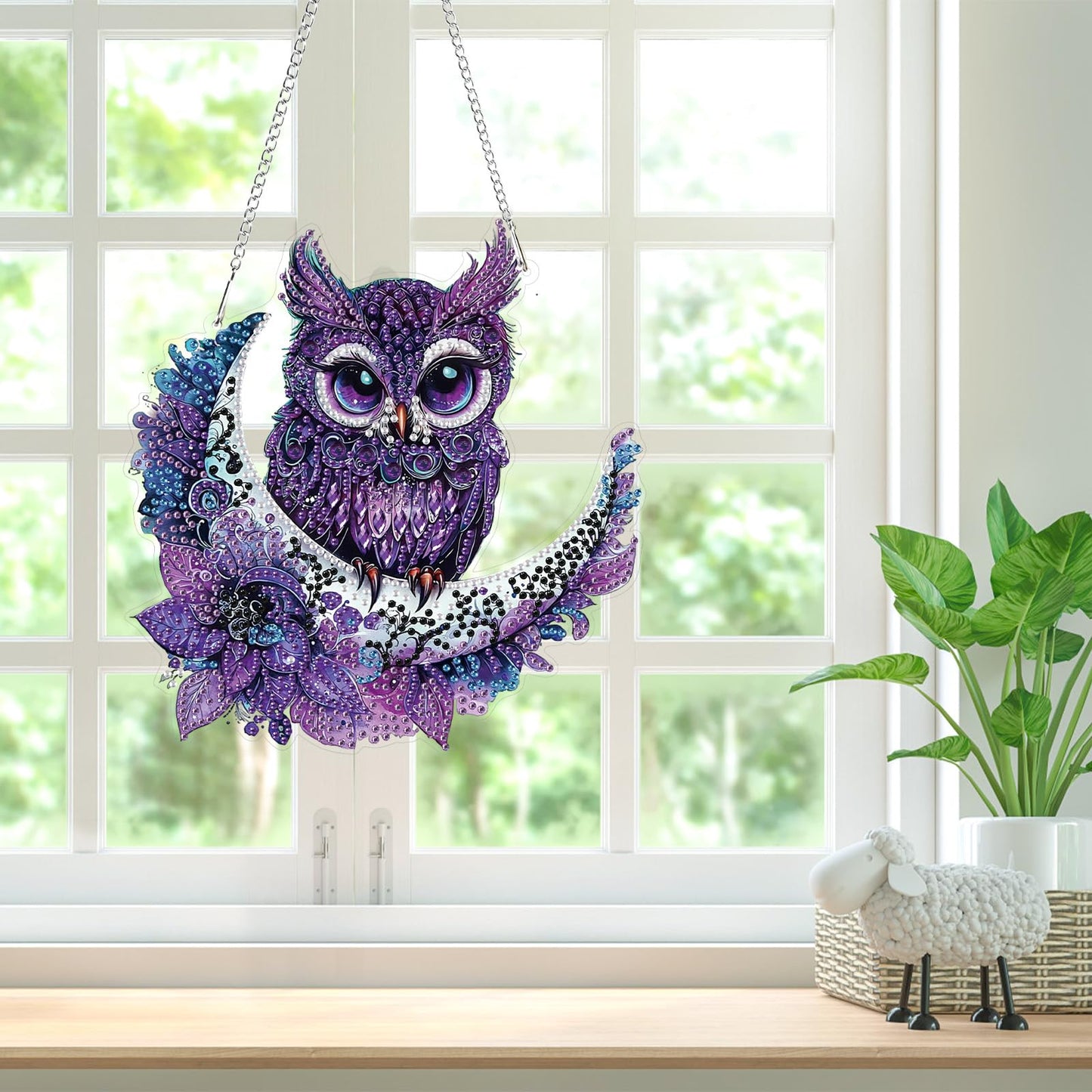 Bowetile Owl Diamond Art Hanging Kits for Adults, 5D Special Shape Diamond Painting Moon Pendant Kits, Gem Art Suncatchers Painting Window Ornament for Home Garden Wall Decor
