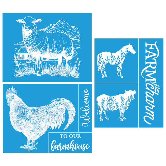 Shineone, 3Pcs, Farmhouse, Silk Screen Stencils, Reusable Silk Screen Stencils, with Adhesive, for Home Decoration on Wood, Fabric, Glass, Plastic, Ceramics, Paper. 8.5”x11”