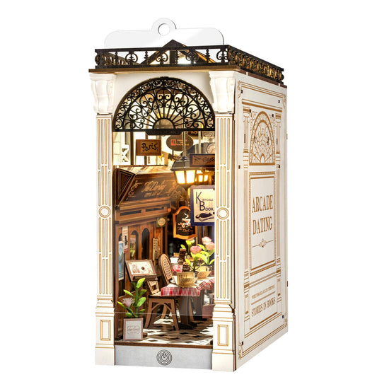 ROBOTIME DIY Book Nook Kits Dollhouse Room Bookstore Miniature House with LED Light 3D Wooden Puzzles for Adults Booknook Bookshelf Insert Decor Diorama Kit Unique Gifts（Arcade Dating）