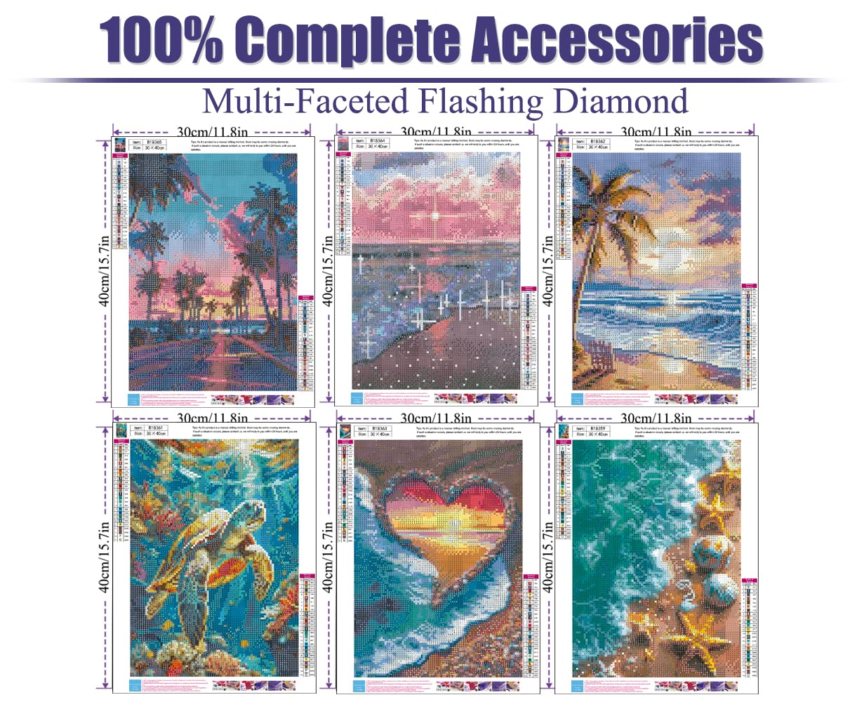 6 Pack Diamond Art Kits for Adults,Beach Diamond Painting Kits for Adults Beginner,Seascape 5D DIY Round Full Drill Gem Crystal Art,Adults Paint by Diamonds Dots for Home Wall Decor 12x16 inch