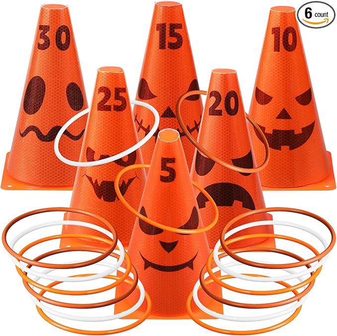 Leitee 6 Sets Candy Corn Ring Toss Game Plastic Cones Ring Toss Combo Set Mini Traffic Cones Toss Game for Sports Training Garden Backyard Outdoor Activities