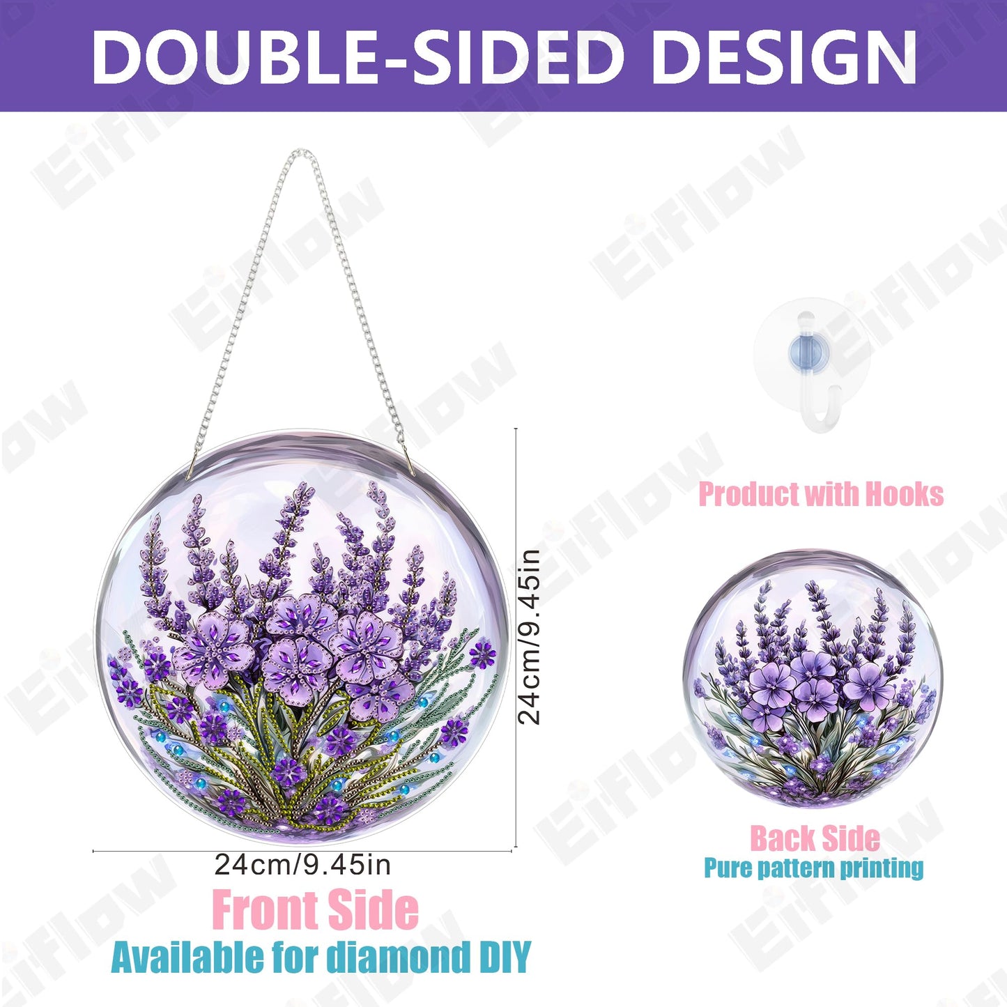 Eiflow DIY Hanging Diamond Art Kit Purple Flower, Acrylic Diamonds Painting Pendant Board Kit, 5D Gem Art Ornament Kit for Adults, Double Sided(9.4x9.4inch)
