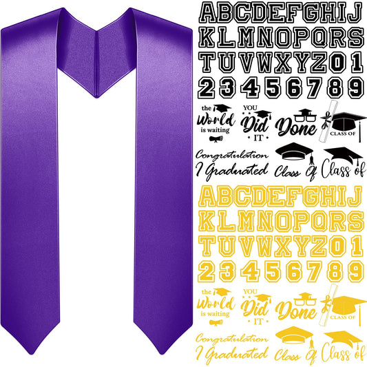 Spakon Unisex Adult Plain Graduation Stole with a to Z Letter 0 to 9 Number Graduation Pattern Badge Decorate Repair Patches(Purple)