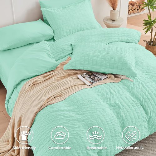 HYMOKEGE Queen Comforter Set - Mint Green Seersucker 7-Piece Luxury Bedding Set for All Seasons