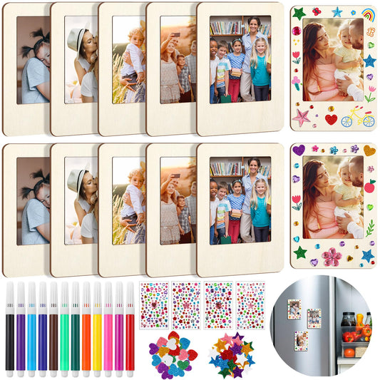 Yalikop 12 Pack Mini Wooden Picture Frames for Crafts Unfinished Magnetic Photo Curved Frame Kit with 12 Watercolor Pencils Stickers DIY Fridge Decor for Mother's Day Birthday Wedding Gifts
