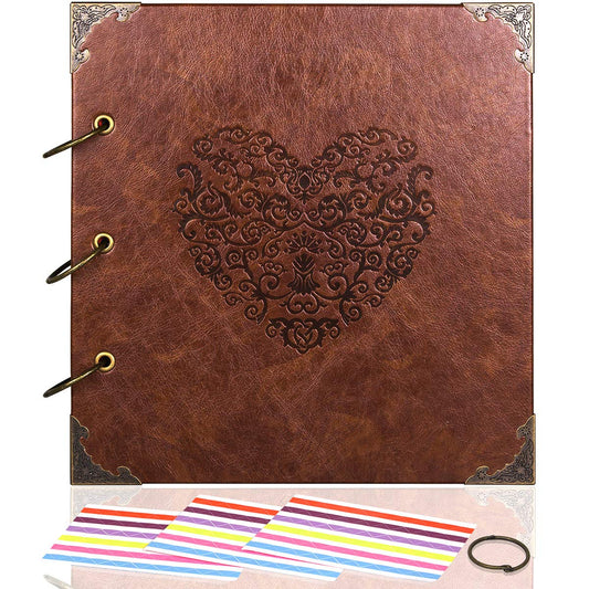CenterZ Vintage Photo Album DIY Scrapbook - 10x10 inch 50 Pages Double Sided, PU Leather Cover Three-Ring Binder Picture Booth Albums with 6 Colors 306pcs Self Adhesive Photos Corners for Memory Keep
