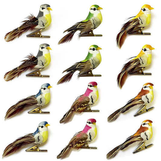 Abirdflyer 12pcs Artificial Bird Assorted Colors,Faux Birds with Clips for Wreath, Floral Arrangement, Garden Party Decoration, DIY Craft Supplies, Home Kitchen Table Accents (12PCS)