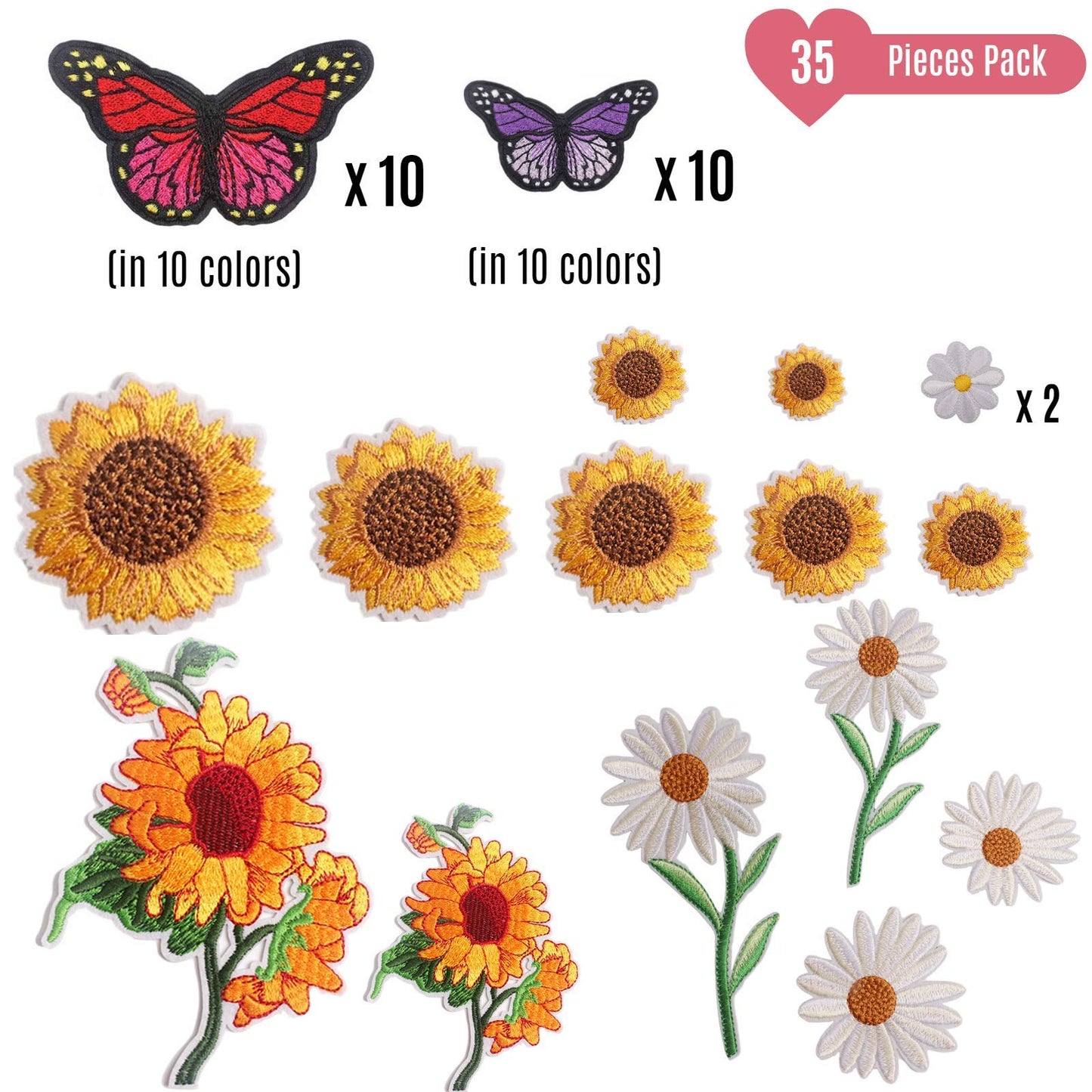 NNHOM 35 PCS Embroidered Iron-On Patches Set – Sunflower & Butterfly Designs | DIY Sewing or Heat Press Appliqué for Clothing Repair, Jeans, Jackets, Backpacks, Hats & Craft Decoration