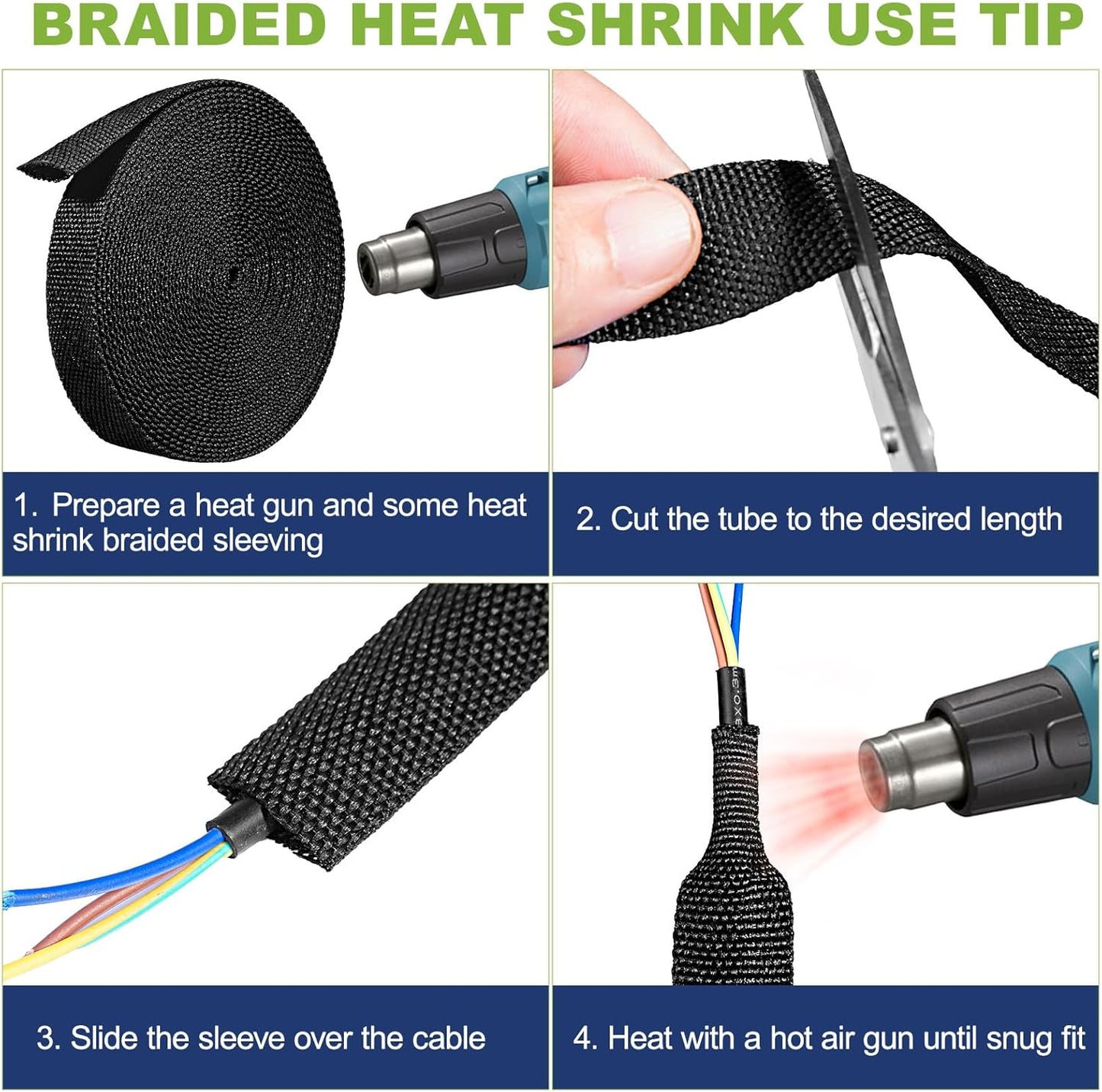 Tsmhisd 2:1Heat (1/2"-12ft) Shrink Wire Loom Braided Cable Sleeves,Heat Resistant Fabric Woven Shrink Tubing Wiring
