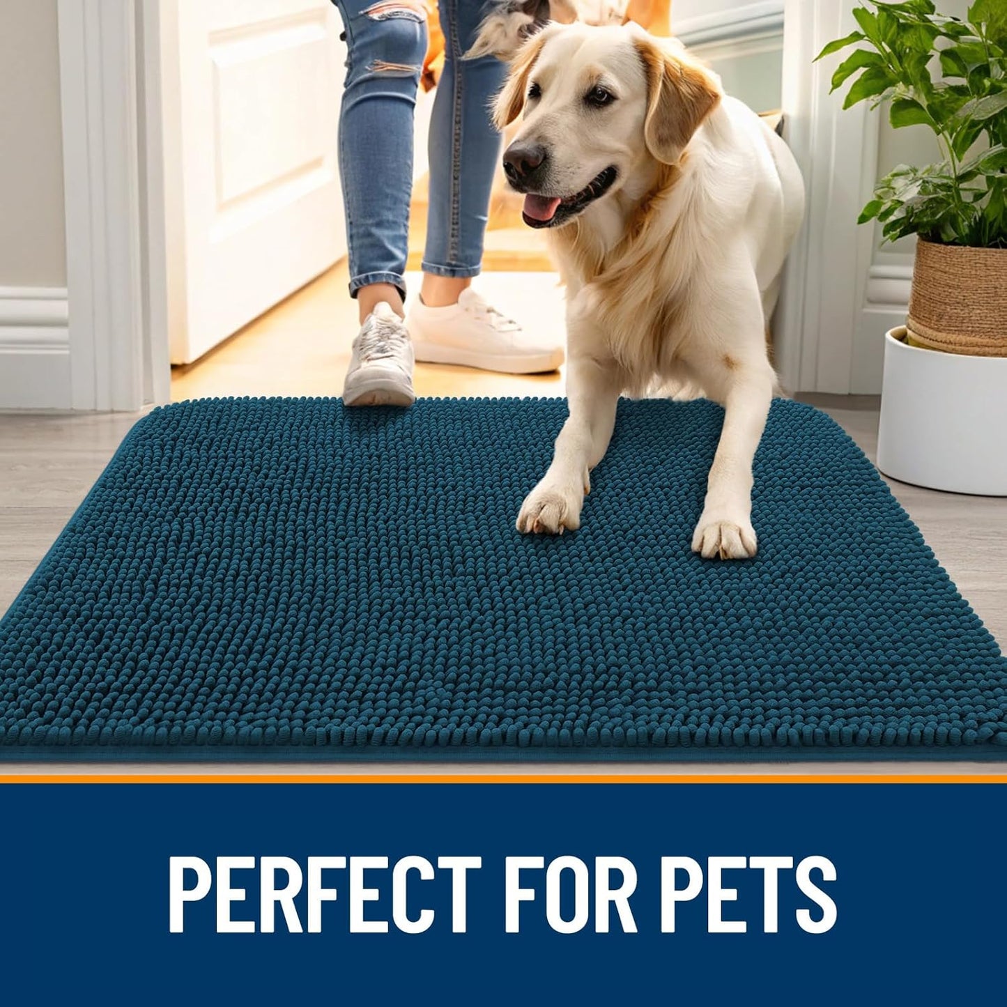 OLANLY Dog Door Mat - Absorbent Non-Slip Washable Doormat for Muddy Paws | 47x24 Atlantic Blue