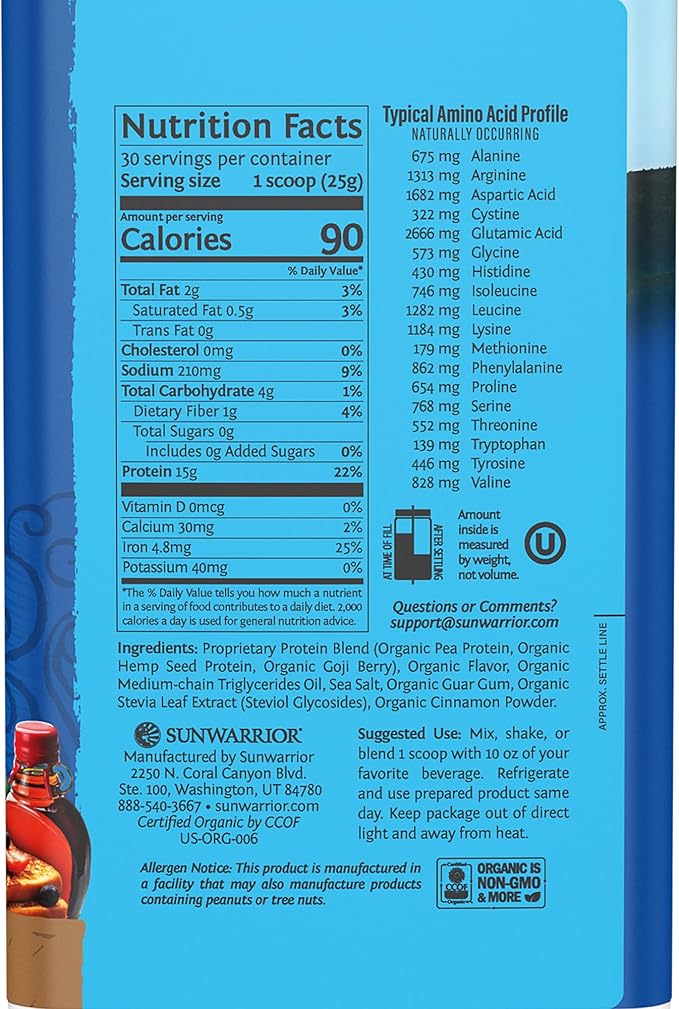 Sunwarrior Organic Plant Based Protein Powder | Vegan Organic Protein Powder Maple Flavored with BCAA Amino Acids & Hemp Seed Pea Blend | Non-GMO Soy Dairy Filler & Gluten Free (Maple, 30 Servings)