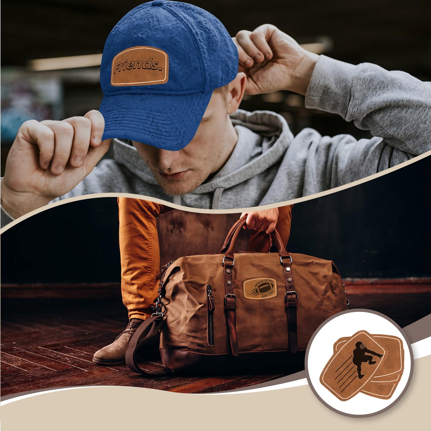 BUVKHMX Faux Leather & Leatherette Hat Patches - 60 Pack Blank Laserable Patches with Adhesive Backing for Customization, Fabric Repair, Sewing & Laser Engraving Supplies (Brown)