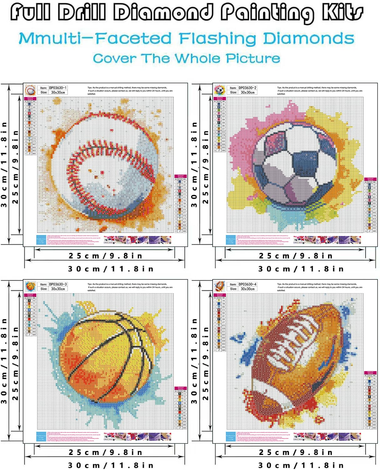 GemZono 4 Pack Diamond Art Painting Kits for Adults, Ball Sports 5D Diamond Painting Dots Art Kits for Adults Beginner, Balls DIY Full Round Gem Crystal Art Paint by Diamond, Home Wall Decor 12x 12 in
