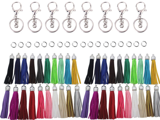 PAMIR TONG 100pcs Faux Suede Leather Bulk Sets Tassels for Decorations, Key Chain, Earring, Cellphone Straps,Jewelry Accessories,DIY Craft (Silver, Keychain)