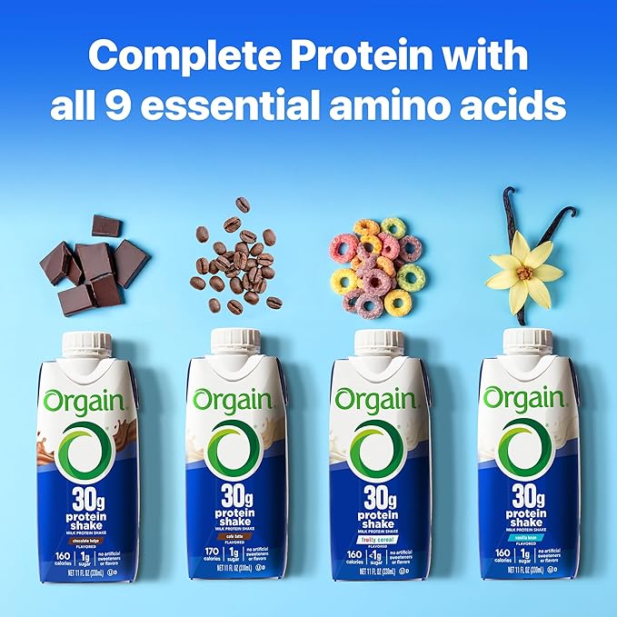 Orgain 30g High Protein Shake, Café Latte, 5g BCAAs, 1g Sugar Per Serving, Caffeine from 1 Cup of Coffee, Milk Isolate, Meal Replacement, Ready to Drink, Keto Friendly, Gluten-Free 11 Fl Oz (12 Pack)