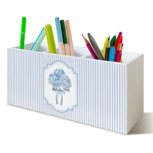 YTRGI Hydrangea Pen Pencil Holder Organizer for Desk, Hydrangea Gifts, Hydrangeas Kitchen Cooking Makeup Brush Utensil Holder, Blue and White Bow Floral Wooden Box Sign for Home Office Tabletop Decor