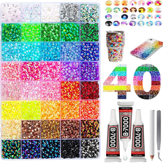 32000Pcs 40 Colors Jelly Rhinestones 3mm, Multicolor Resin Flatback Rhinestones, Bedazzling Kit with 3Pcs 10ml B7000 Jewelry Glue for Nail Art, Diamond Painting, DIY Crafts and Decorations