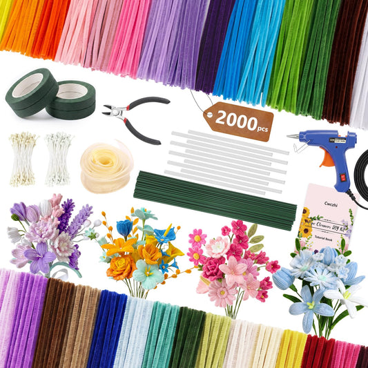 2000 PCS Pipe Cleaner Flower Kit, 30 Assorted Colors Pipe Cleaners Craft,Chenille Stems Bulk Kit with Instructions,hot Glue Gun, Diagonal Pliers,Floral Wires,Stamen& Ribbon,Art and Craft Supplies