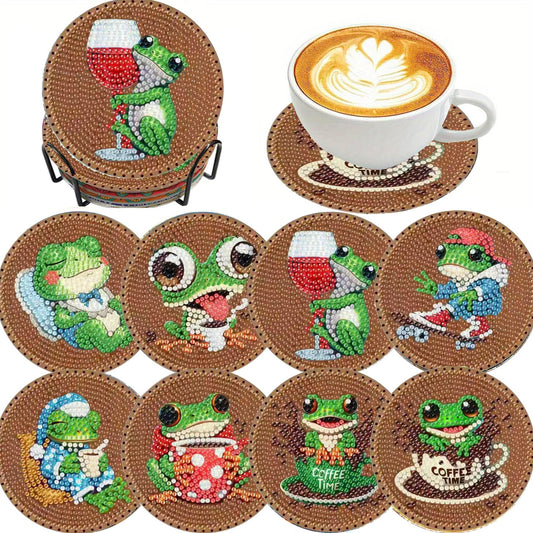 Clendo 8 PCS Coffee Frog Diamond Art Coaster Kits with Holder - Diamond Painting for Adults Beginners - 5D Gem Art Dots Paintings with Cork Pads - Crafts Supplies