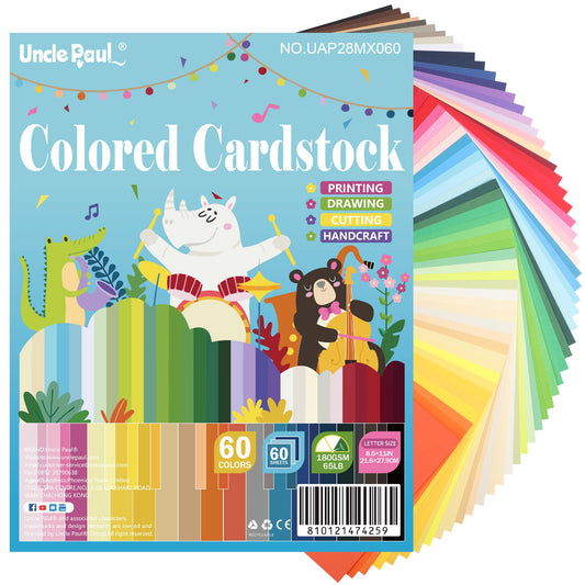 60 Sheets Colored Cardstock - 60 Mixed Colors Card Stock Paper 8.5"x11" Thick 180gsm/65lb Printer Paper for Card Making, DIY Crafts, Scrapbooking, Party UAP28MX060