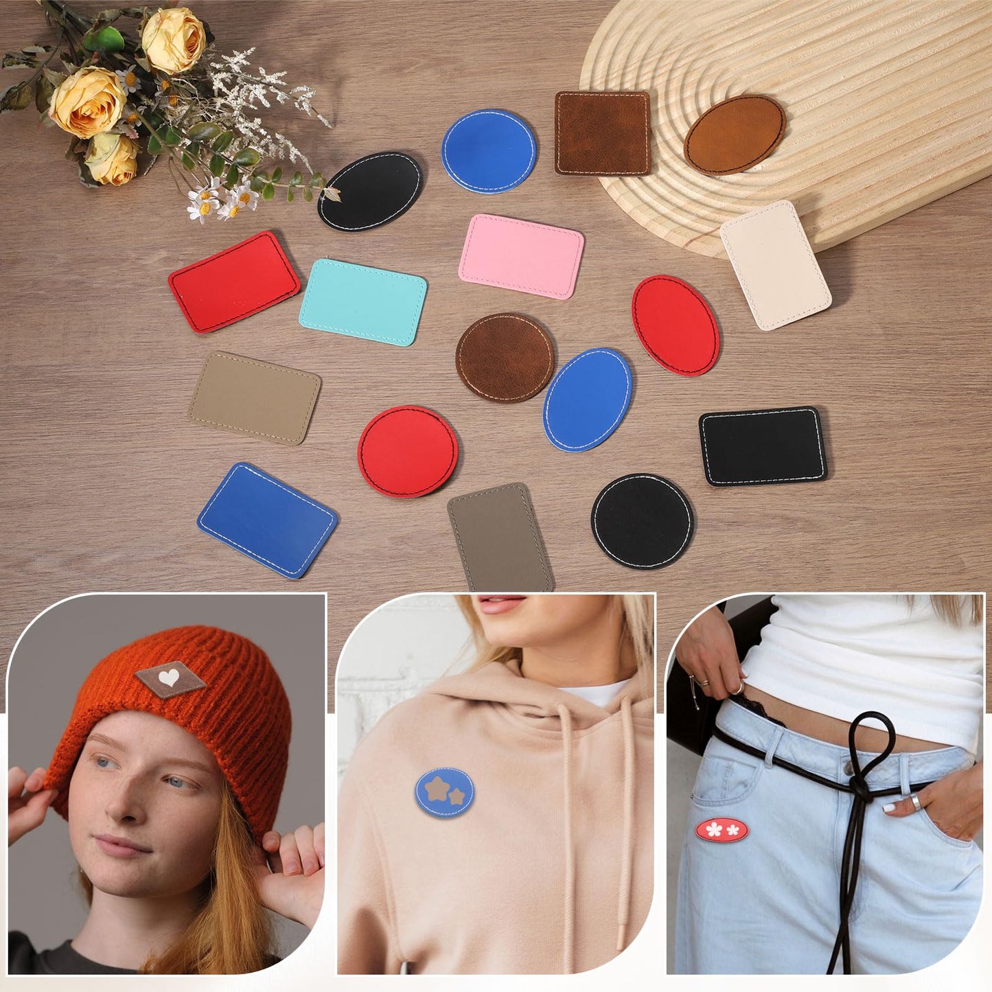 MECCANIXITY Blank Leatherette Patches, 3x2 Inch Oval Faux Leather Hats Patches with Adhesive Iron-on Heat Press Laserable Rustic for Hats DIY Fabric Repair Sew(Red, Pack of 60)