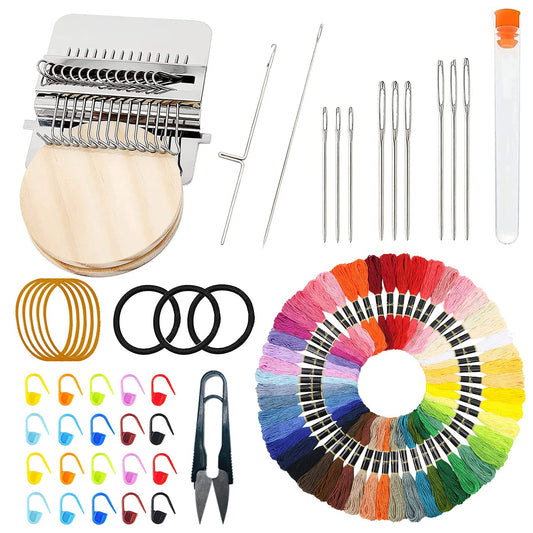 Allazone Small Darning Weaving Loom Darning Loom, 14 Hooks Type Weave Tool Small Weaving Loom Machine with 50 Color Darning Threads for DIY Artful Patterns, Repair Clothes