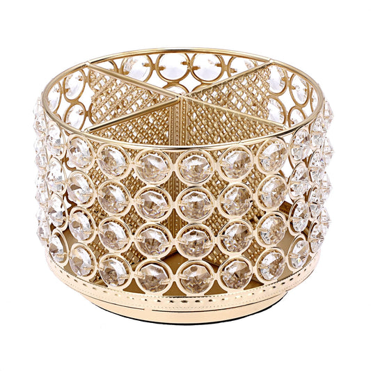 BTSKY Crystal 360 Degree Rotating Desk Organizer Decorative Storage Box with 4 Compartments, Glitter Metal Makeup Brush Holder Elegant Storage Caddy Home Decor Gift for Women, Round-4 Slots Gold