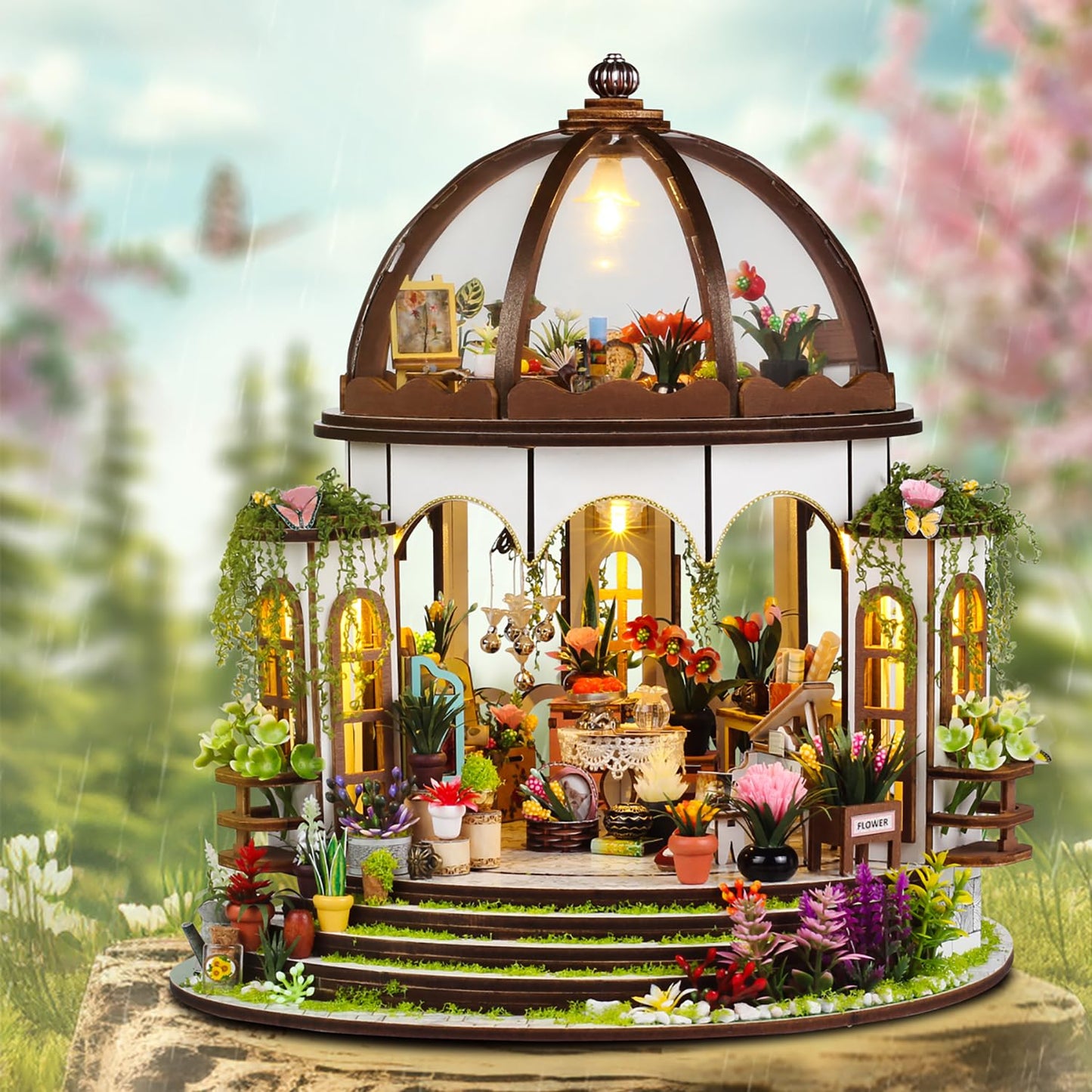 TuKIIE DIY Miniature Dollhouse Kit with Furniture, 1:24 Scale Creative Room Mini Greenhouse Wooden Doll House for Kids Teens Adults(Hanging Garden)