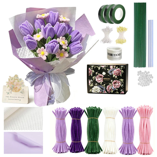 Akanelvy 600 Pcs Pipe Cleaner Flower Kit, Pipe Cleaners for Flowers DIY Bendable Stems for Floral Arrangements Aesthetic Pastel Colors for Easter Gift Wrapping (Purple)