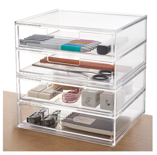 STORi Stackable Desk Drawer Organizer, Clear Pen Pencil Makeup Brush Holder for Desktops and Vanities, 4 Wide Drawers (Made in USA)