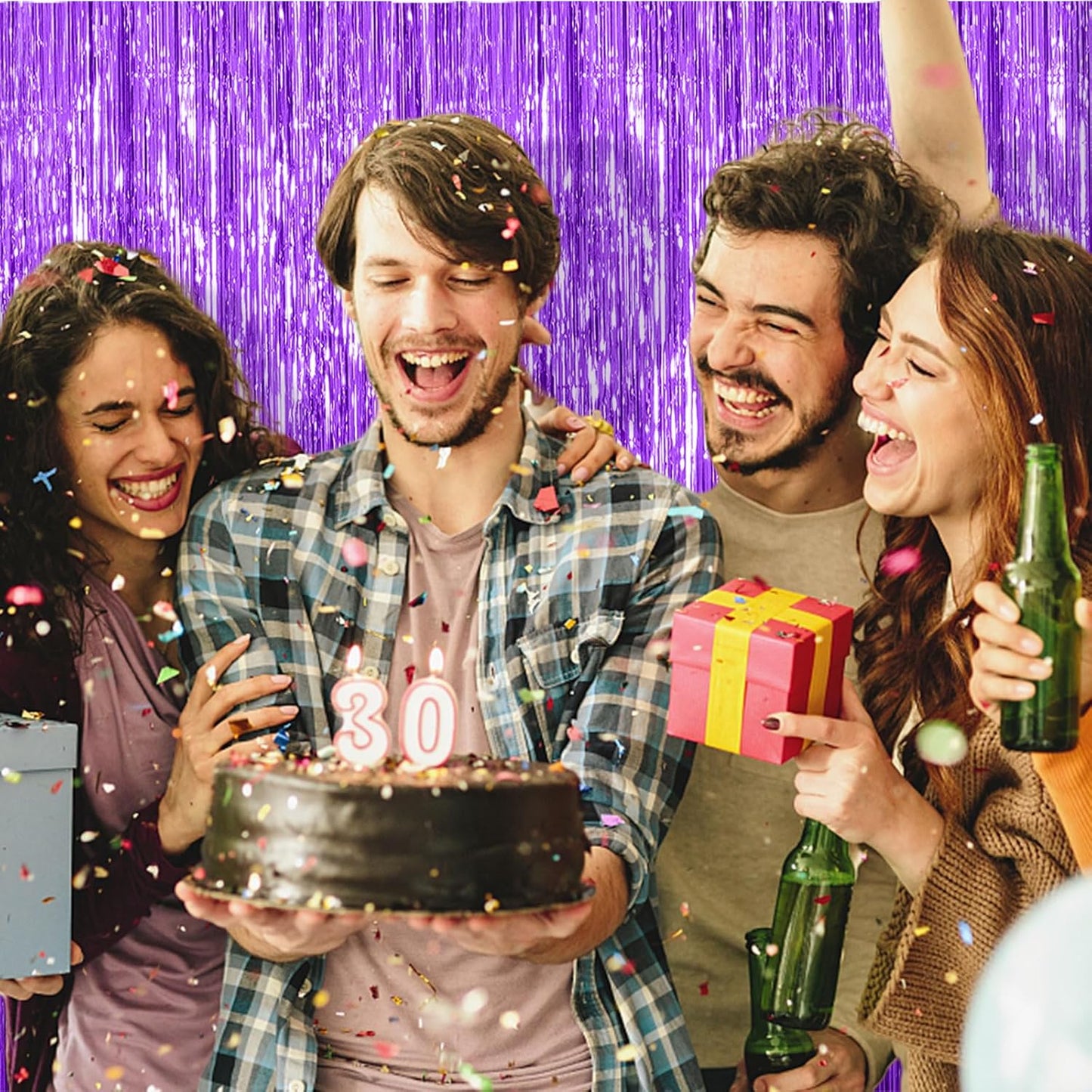 Skiennix Foil Curtain Backdrop - Purple Metallic Tinsel Fringe for Photo Booths | 5 Pack Party Decor