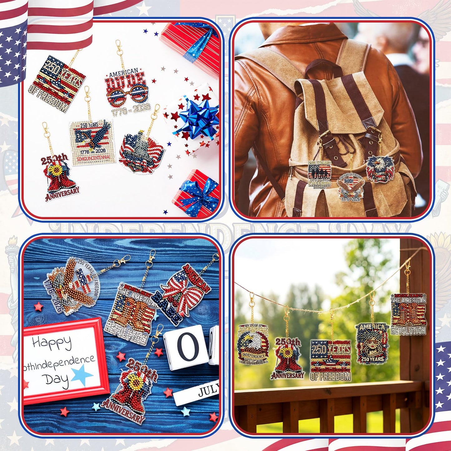 BBTO 20 Pcs Patriotic Diamond Art Keychains Patriotic 250th Anniversary Eagle Ornaments 4th of July Memorial Day Painting Keychains Red White Blue Independence Day Diamond Art Kits for Kids Adults