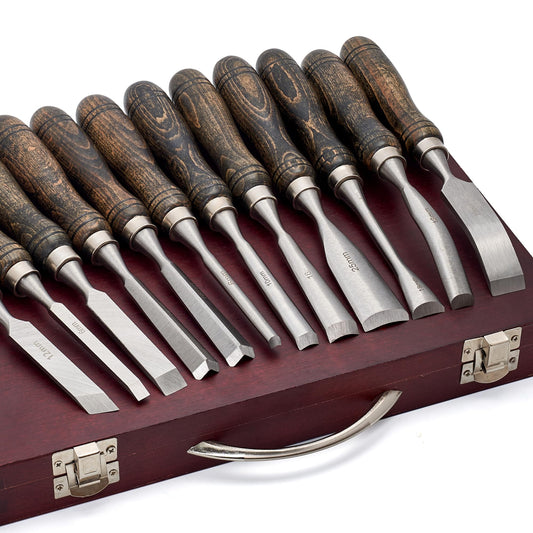 SELFIE CAT 12 Piece Wood Chisel Set for Woodworking Tools Wood Carving Tools with Wooden Case Wood Carving Kit for Beginners and Professionals Black Walnut