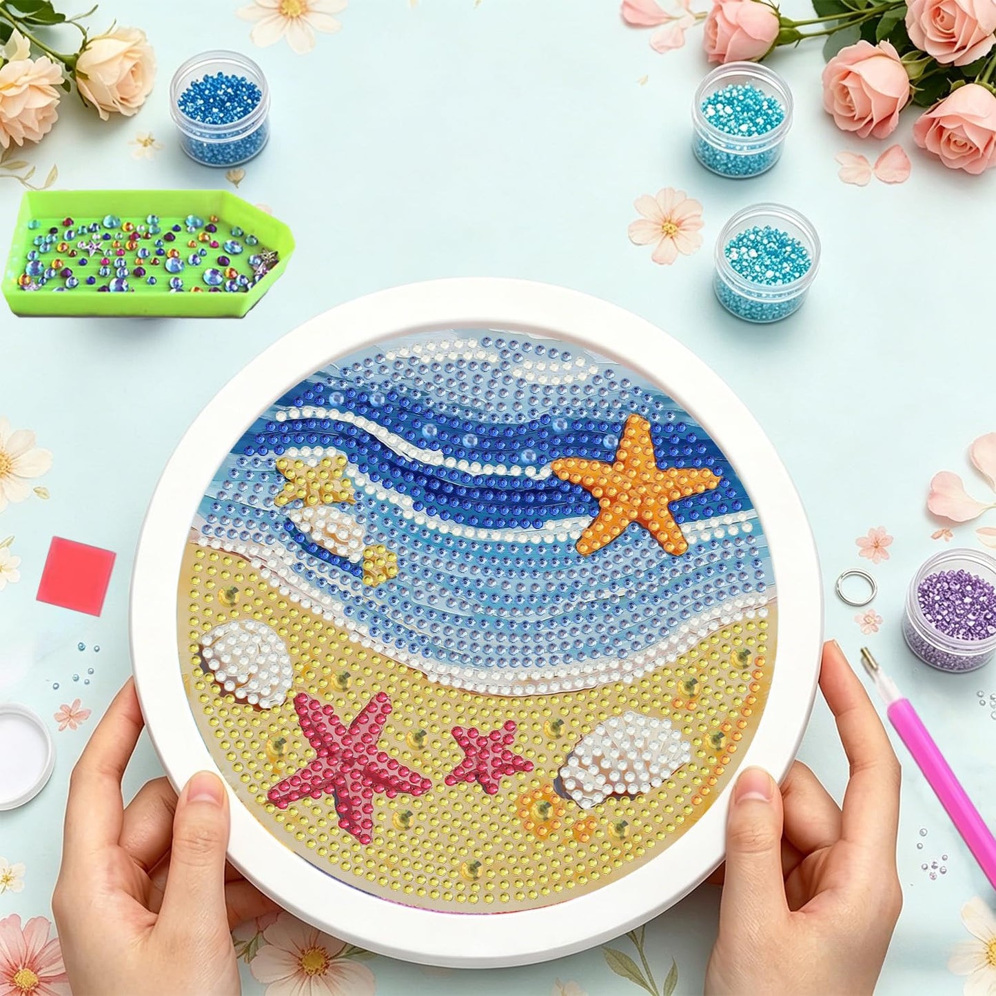 Foxonaut Beach Diamond Art for Kids with Frame, Easy Diamond Art Painting Kits Ages 6-8-12, DIY Gem Art for Kids,Art and Crafts for Girls Boys Gift (7x7inch)
